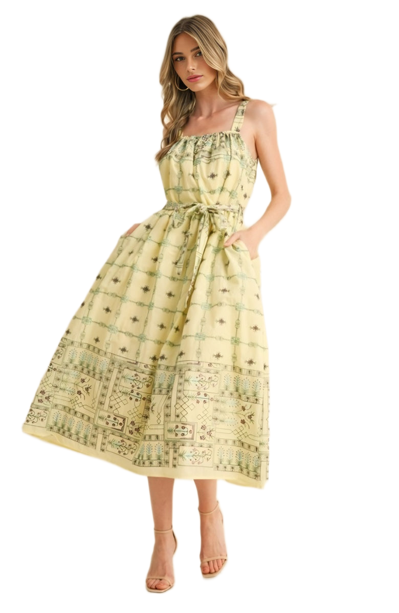 Printed Midi Sundress Square Neck Tie Waist Full Skirt Side Pockets