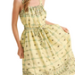 Printed Midi Sundress Square Neck Tie Waist Full Skirt Side Pockets