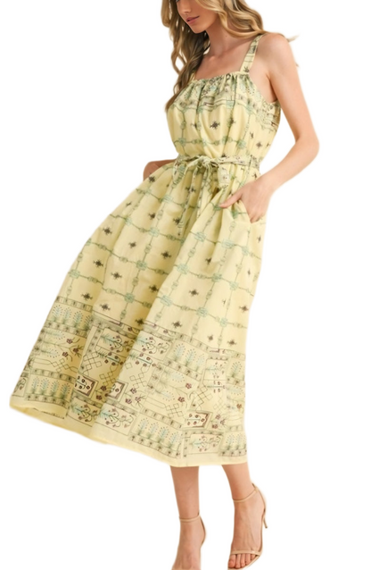 Printed Midi Sundress Square Neck Tie Waist Full Skirt Side Pockets