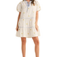 Lemon Embroidered Mini Dress Puff Sleeves Blue Tie Neck Tiered Silhouette