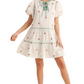 Cherry Embroidered Mini Dress Puff Sleeves Striped Tie Neck Tiered Silhouette