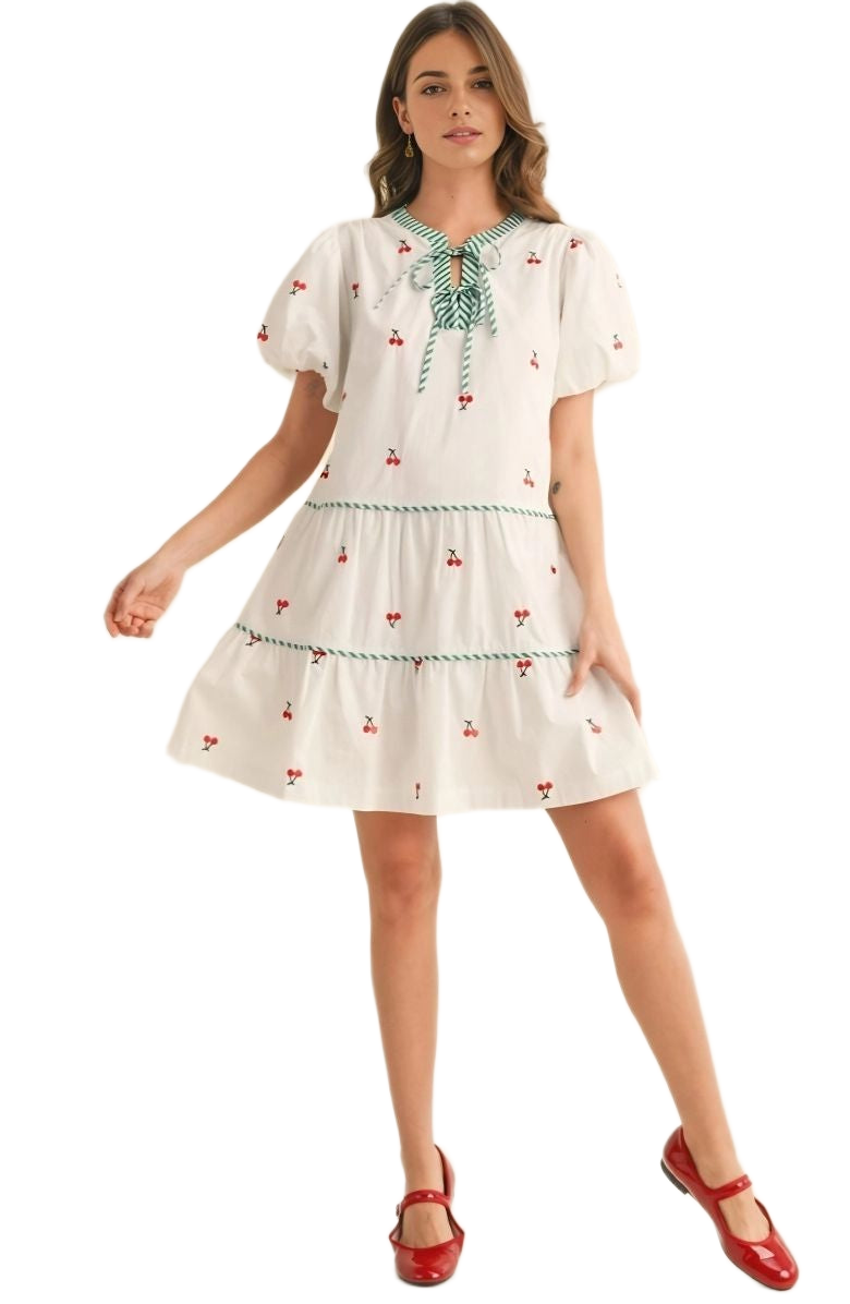 Cherry Embroidered Mini Dress Puff Sleeves Striped Tie Neck Tiered Silhouette