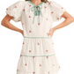 Cherry Embroidered Mini Dress Puff Sleeves Striped Tie Neck Tiered Silhouette