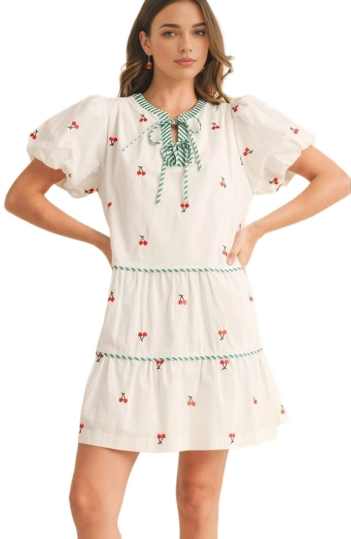 Cherry Embroidered Mini Dress Puff Sleeves Striped Tie Neck Tiered Silhouette