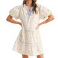 Lemon Embroidered Mini Dress Puff Sleeves Blue Tie Neck Tiered Silhouette