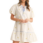 Lemon Embroidered Mini Dress Puff Sleeves Blue Tie Neck Tiered Silhouette