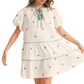Cherry Embroidered Mini Dress Puff Sleeves Striped Tie Neck Tiered Silhouette