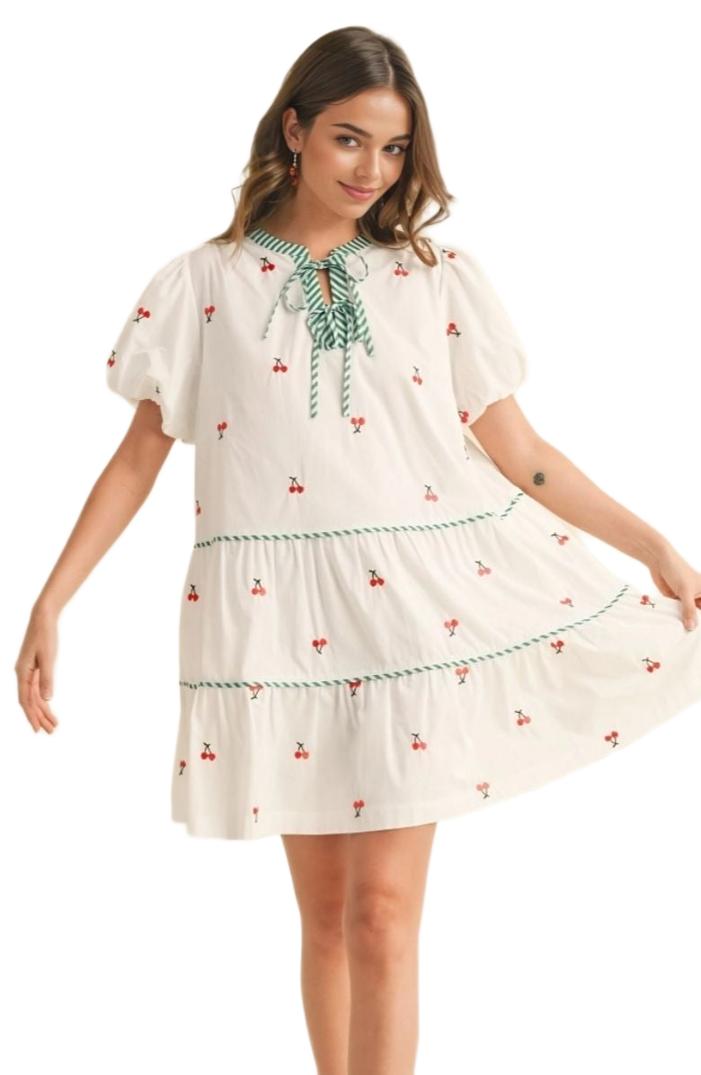 Cherry Embroidered Mini Dress Puff Sleeves Striped Tie Neck Tiered Silhouette