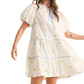 Lemon Embroidered Mini Dress Puff Sleeves Blue Tie Neck Tiered Silhouette