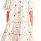 Cherry Embroidered Mini Dress Puff Sleeves Striped Tie Neck Tiered Silhouette