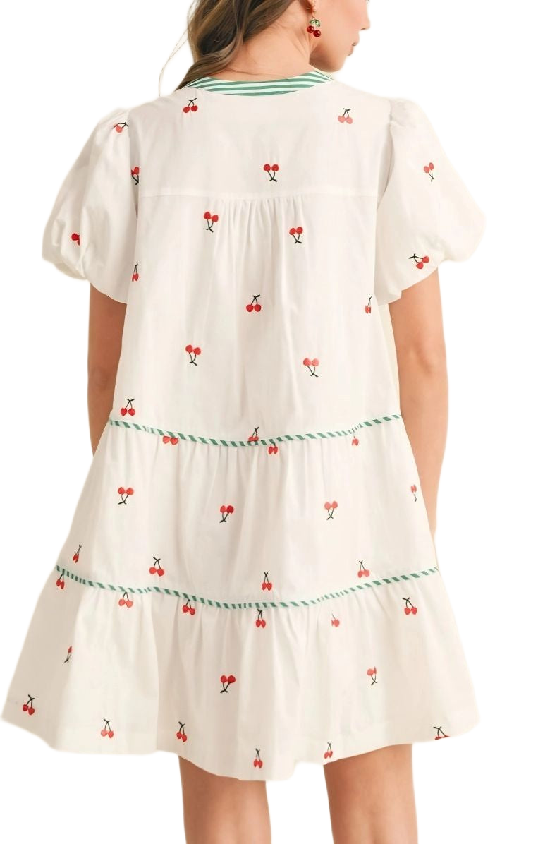Cherry Embroidered Mini Dress Puff Sleeves Striped Tie Neck Tiered Silhouette