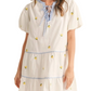 Lemon Embroidered Mini Dress Puff Sleeves Blue Tie Neck Tiered Silhouette