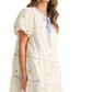 Lemon Embroidered Mini Dress Puff Sleeves Blue Tie Neck Tiered Silhouette