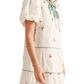 Cherry Embroidered Mini Dress Puff Sleeves Striped Tie Neck Tiered Silhouette