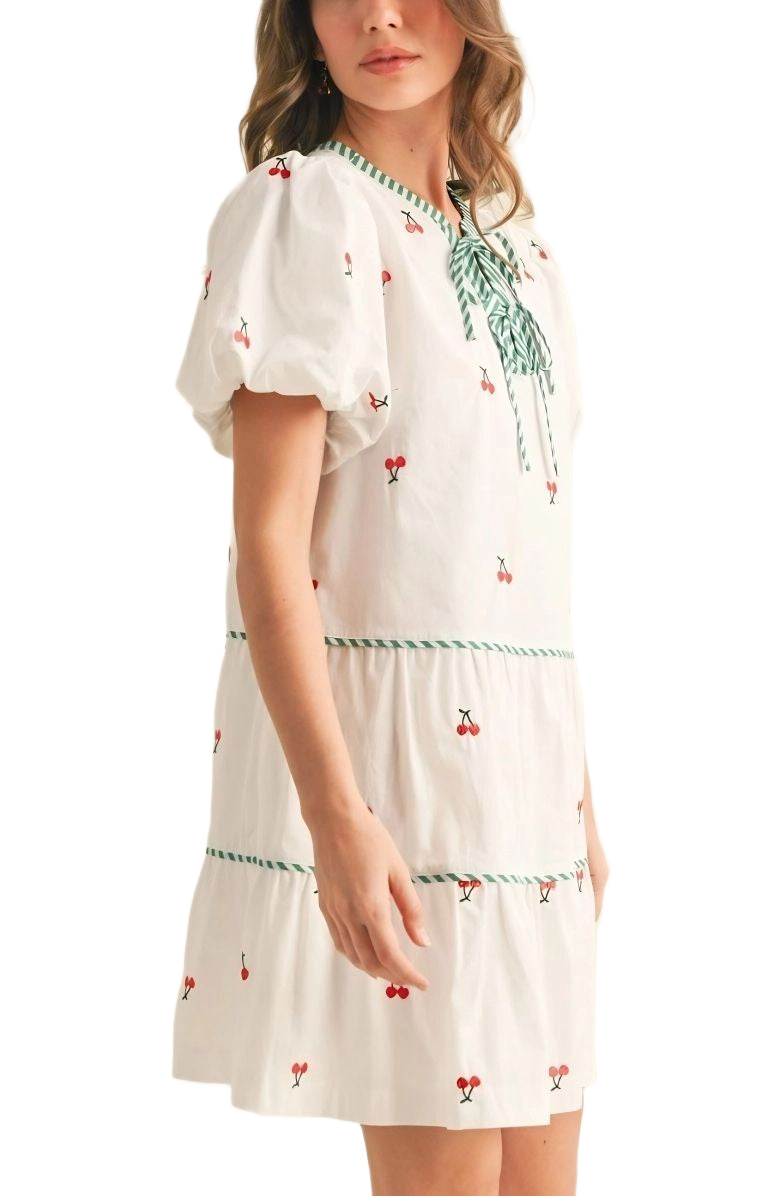 Cherry Embroidered Mini Dress Puff Sleeves Striped Tie Neck Tiered Silhouette