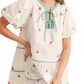 Cherry Embroidered Mini Dress Puff Sleeves Striped Tie Neck Tiered Silhouette