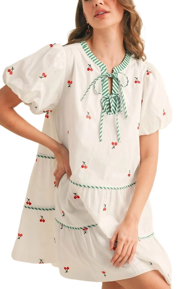 Cherry Embroidered Mini Dress Puff Sleeves Striped Tie Neck Tiered Silhouette