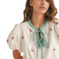 Cherry Embroidered Mini Dress Puff Sleeves Striped Tie Neck Tiered Silhouette