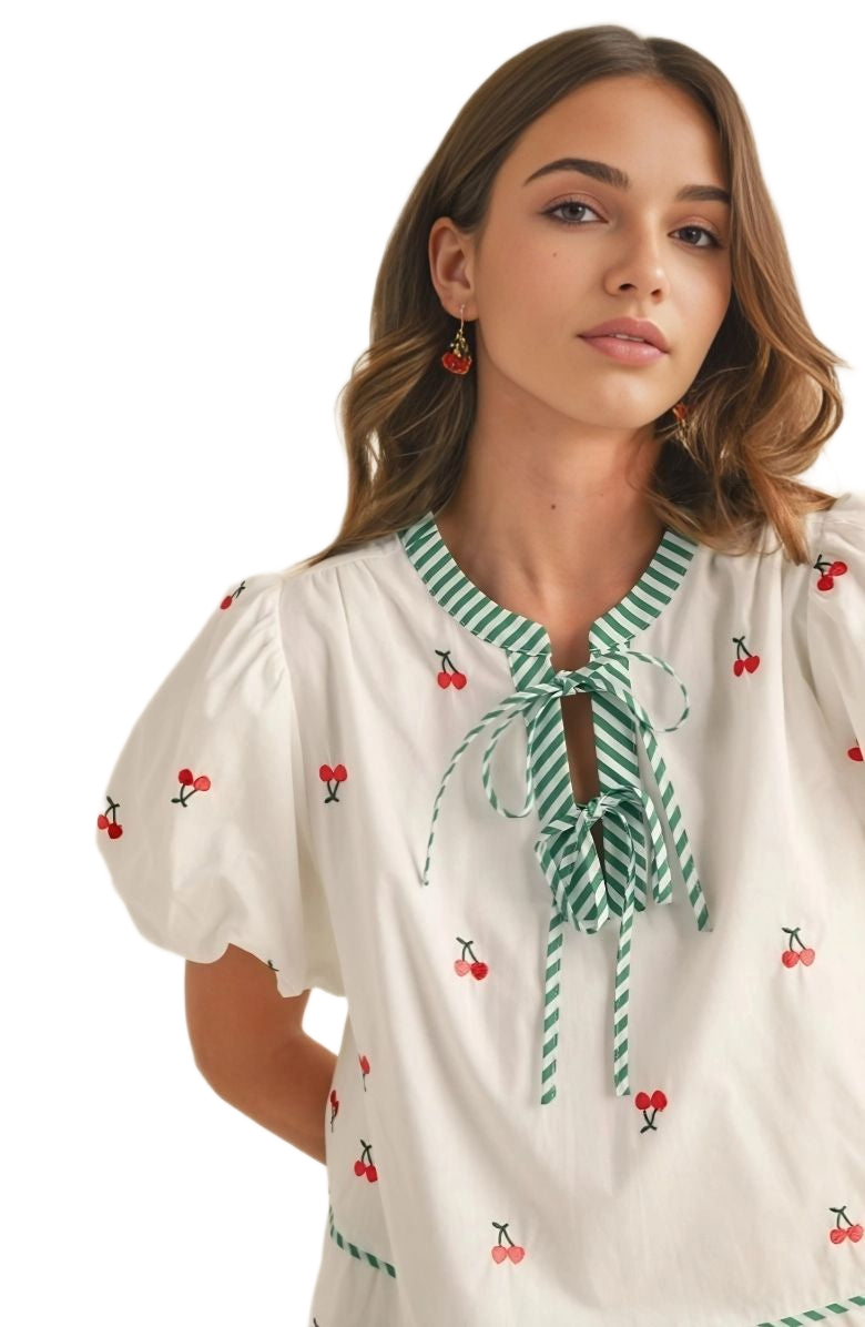 Cherry Embroidered Mini Dress Puff Sleeves Striped Tie Neck Tiered Silhouette