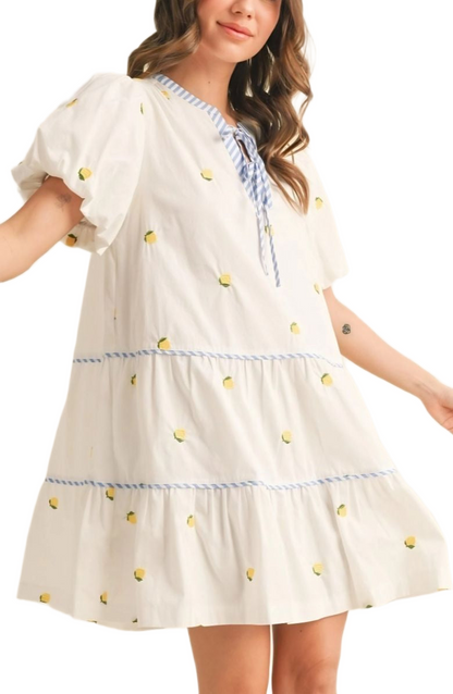 Lemon Embroidered Mini Dress Puff Sleeves Blue Tie Neck Tiered Silhouette