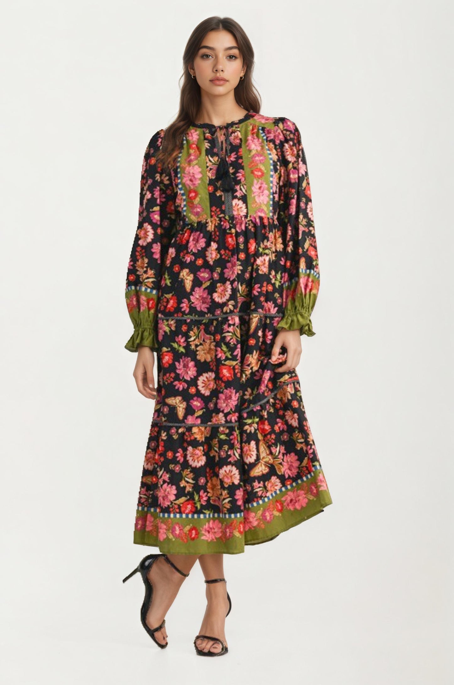 Smocked Long Sleeve Floral Midi Dress With Tiered Skirt