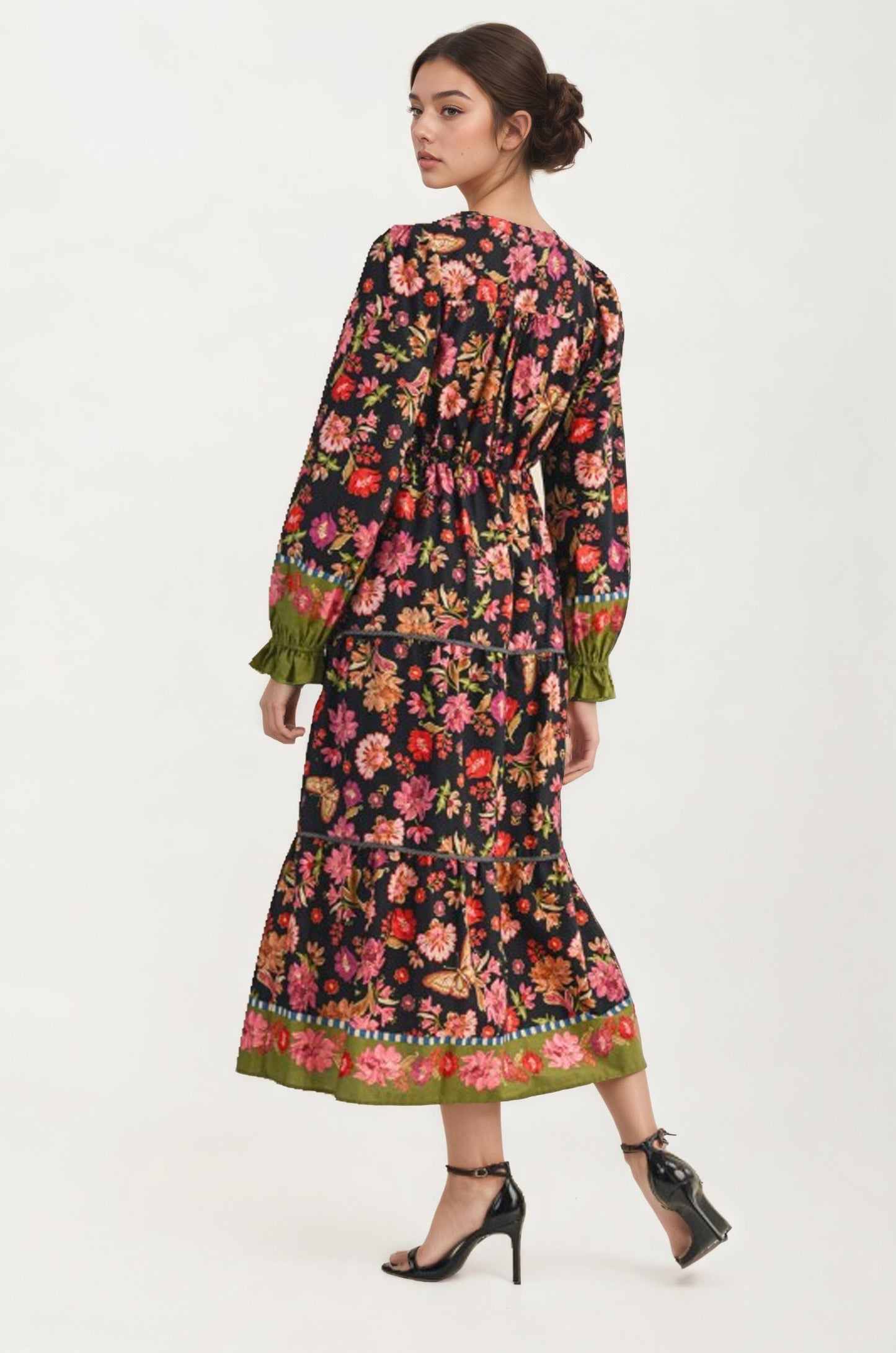Smocked Long Sleeve Floral Midi Dress With Tiered Skirt
