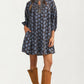 Blue Floral Tie Neck Mini Dress With Long Sleeves