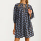Blue Floral Tie Neck Mini Dress With Long Sleeves