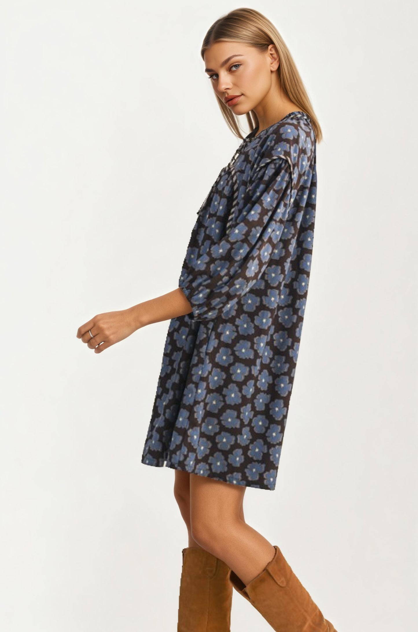 Blue Floral Tie Neck Mini Dress With Long Sleeves