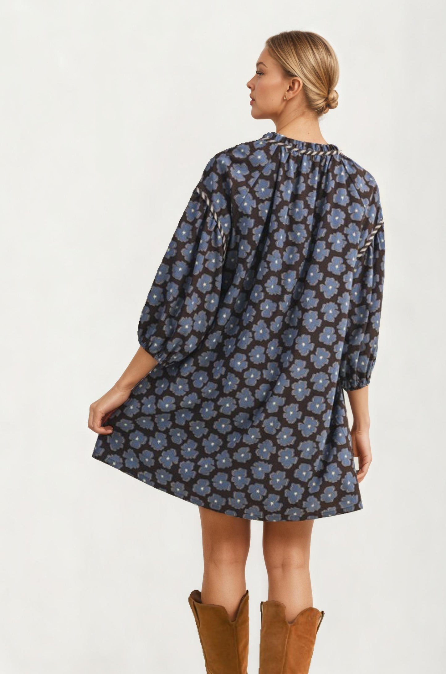 Blue Floral Tie Neck Mini Dress With Long Sleeves