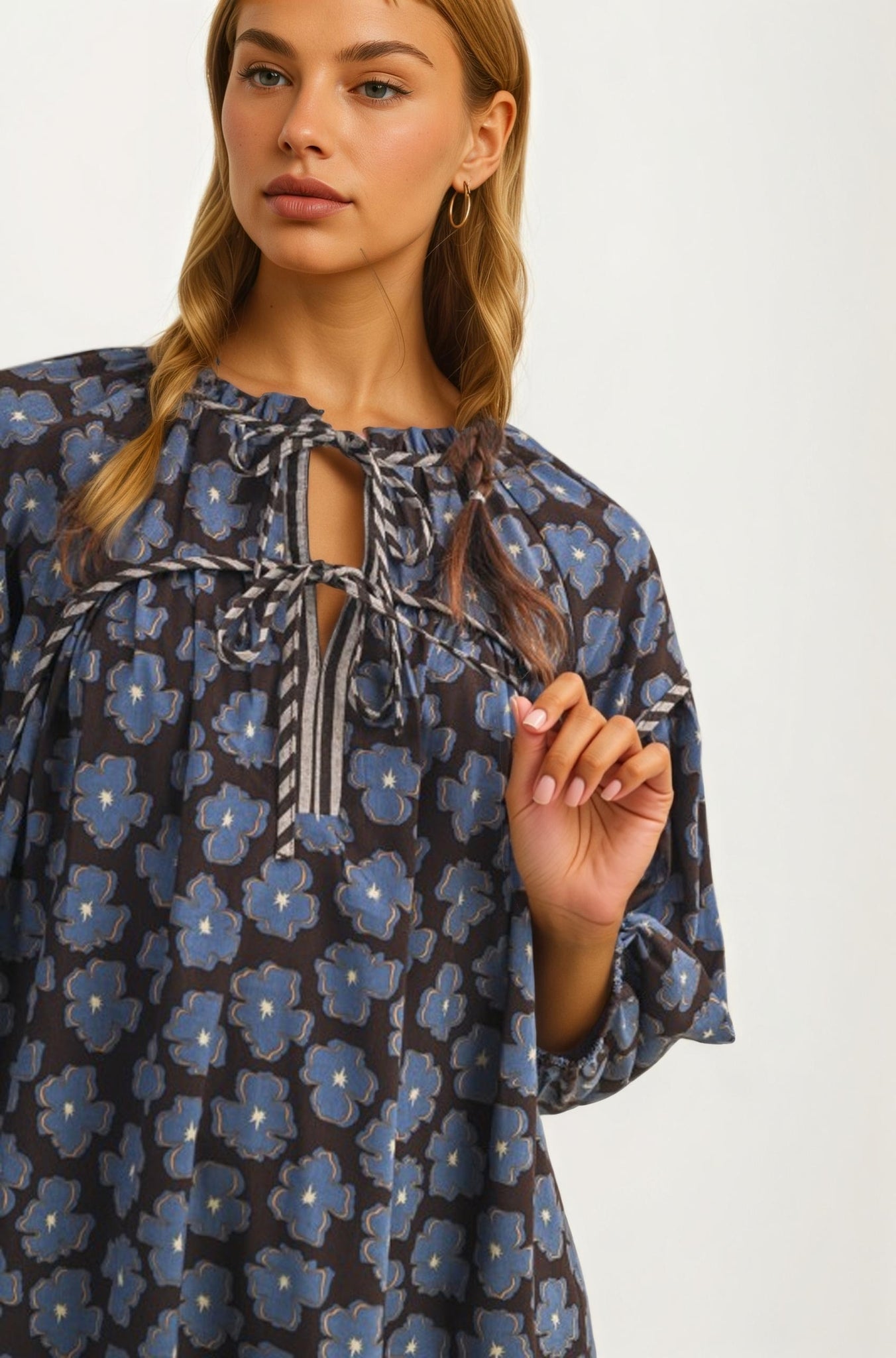 Blue Floral Tie Neck Mini Dress With Long Sleeves