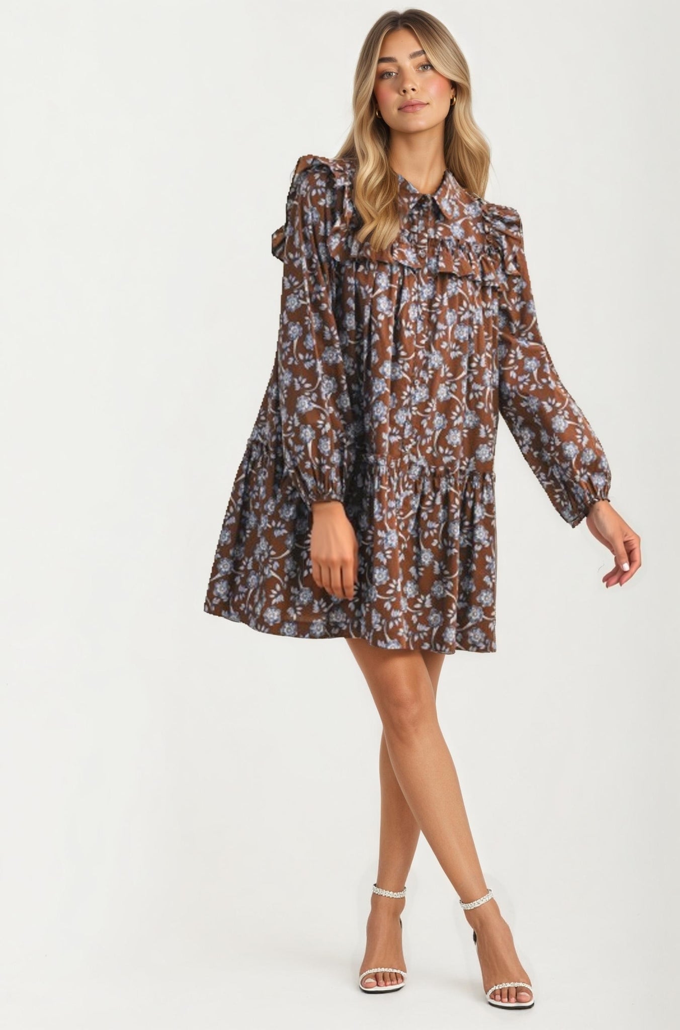 Floral Ruffle Tiered Mini Dress With Long Sleeves