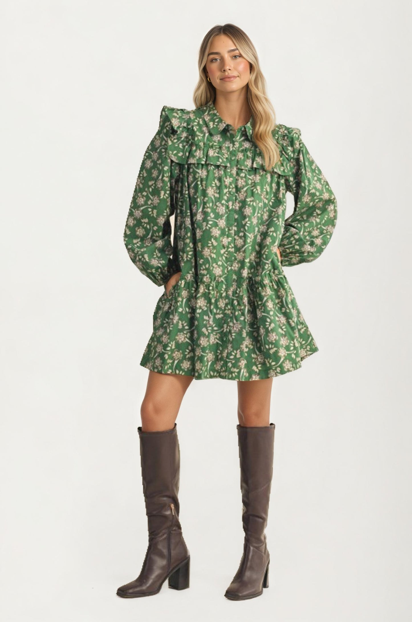 Floral Ruffle Tiered Mini Dress With Long Sleeves