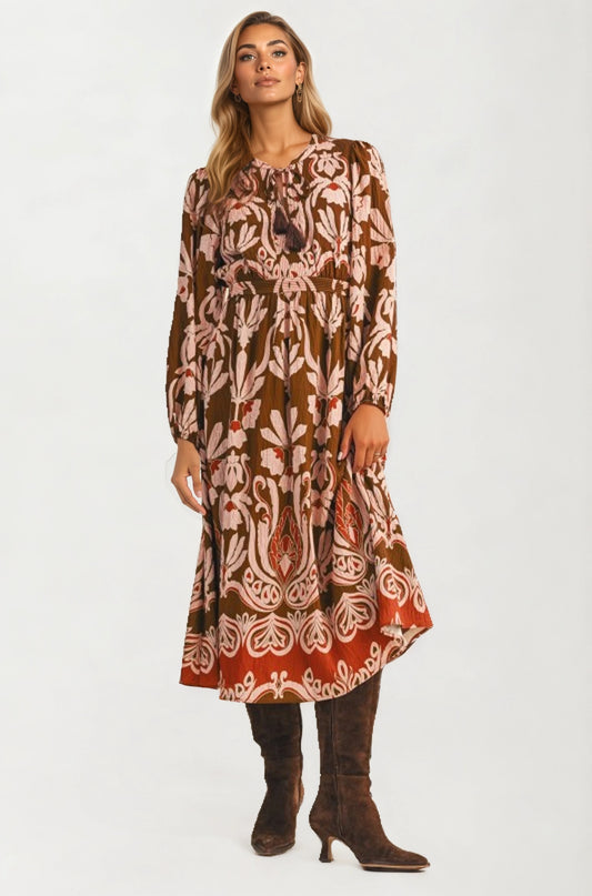 Long Sleeve Midi Dress with Tie Neck and Flowing Silhouette