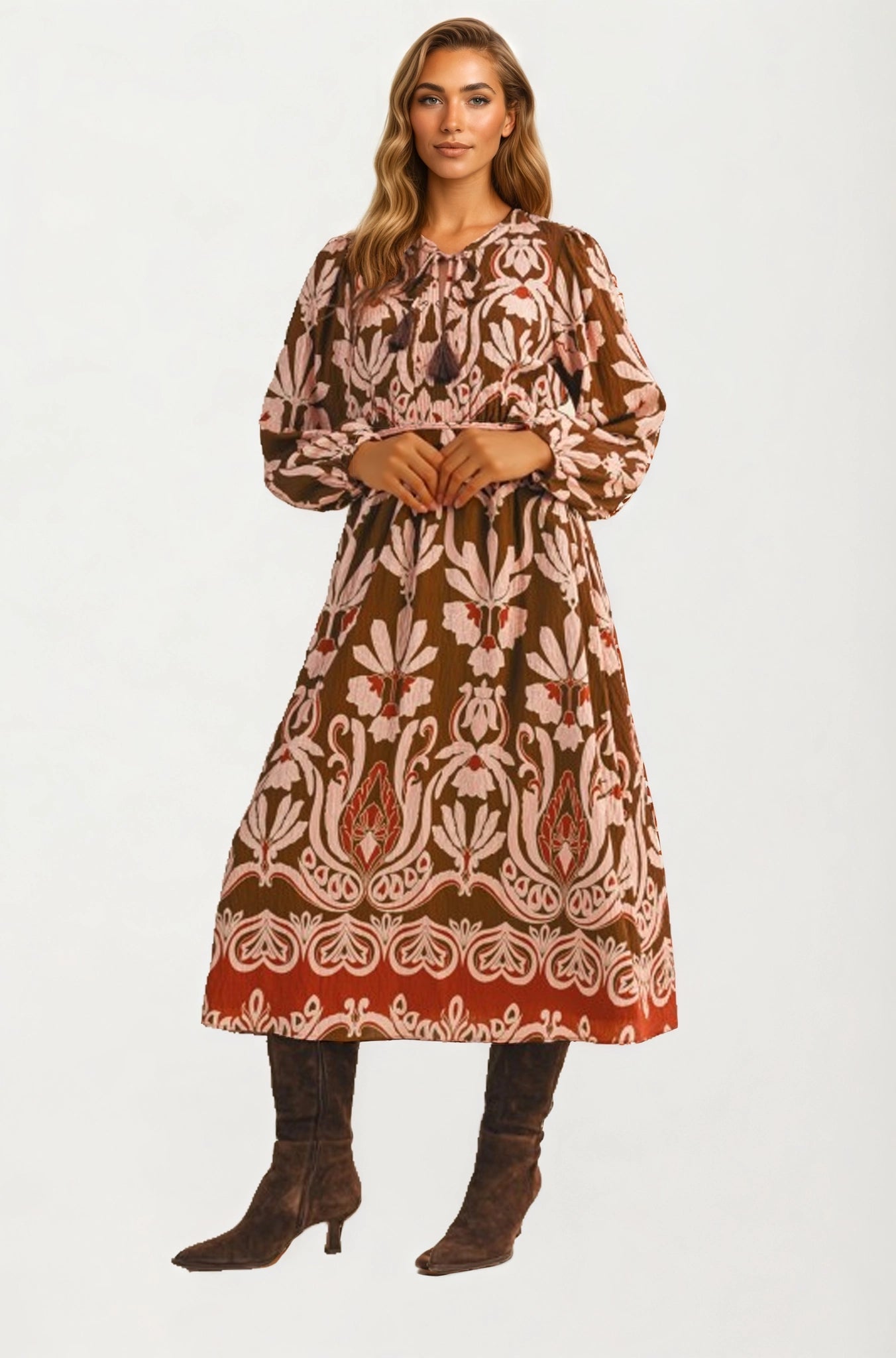 Long Sleeve Midi Dress with Tie Neck and Flowing Silhouette