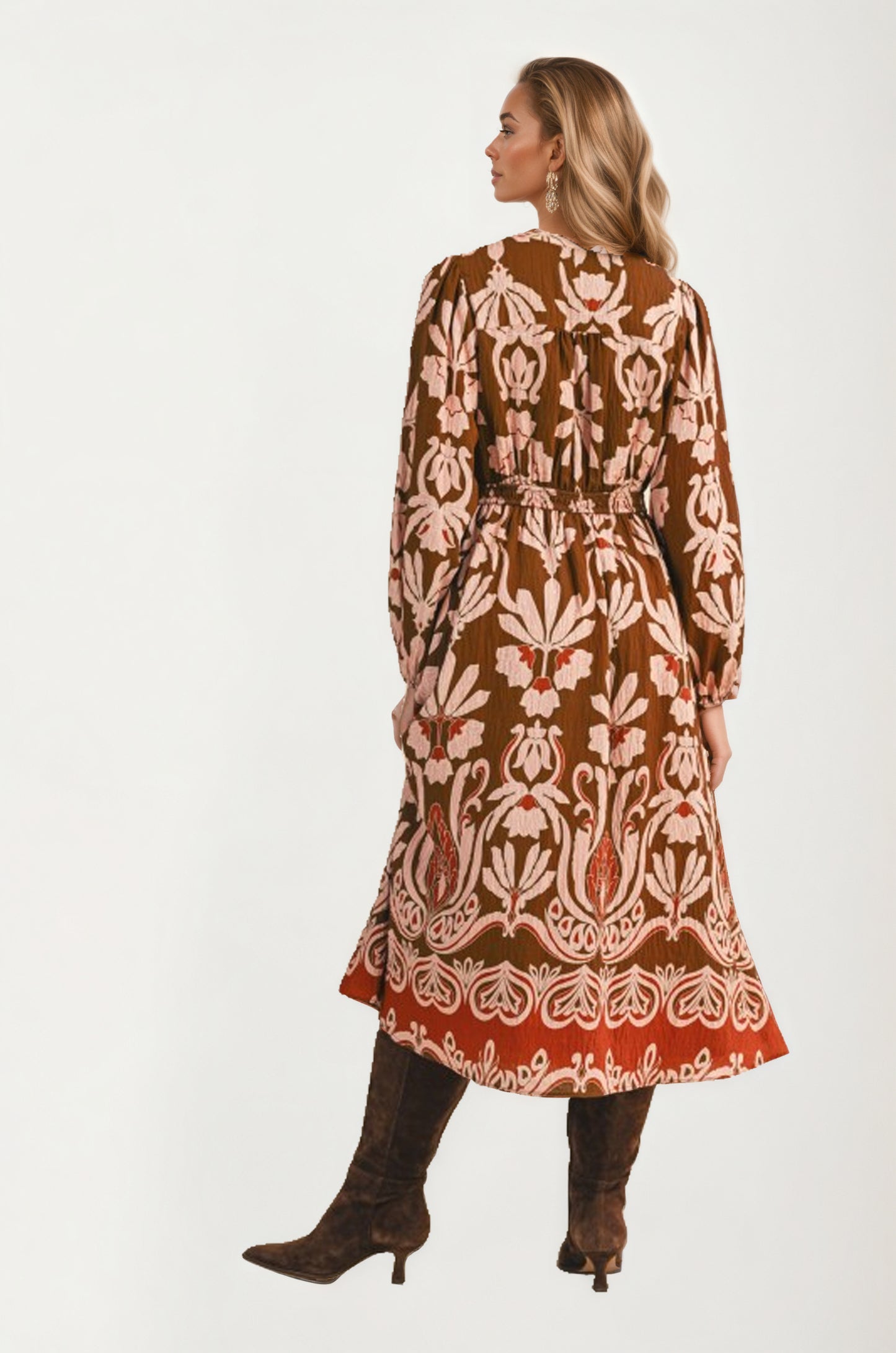 Long Sleeve Midi Dress with Tie Neck and Flowing Silhouette