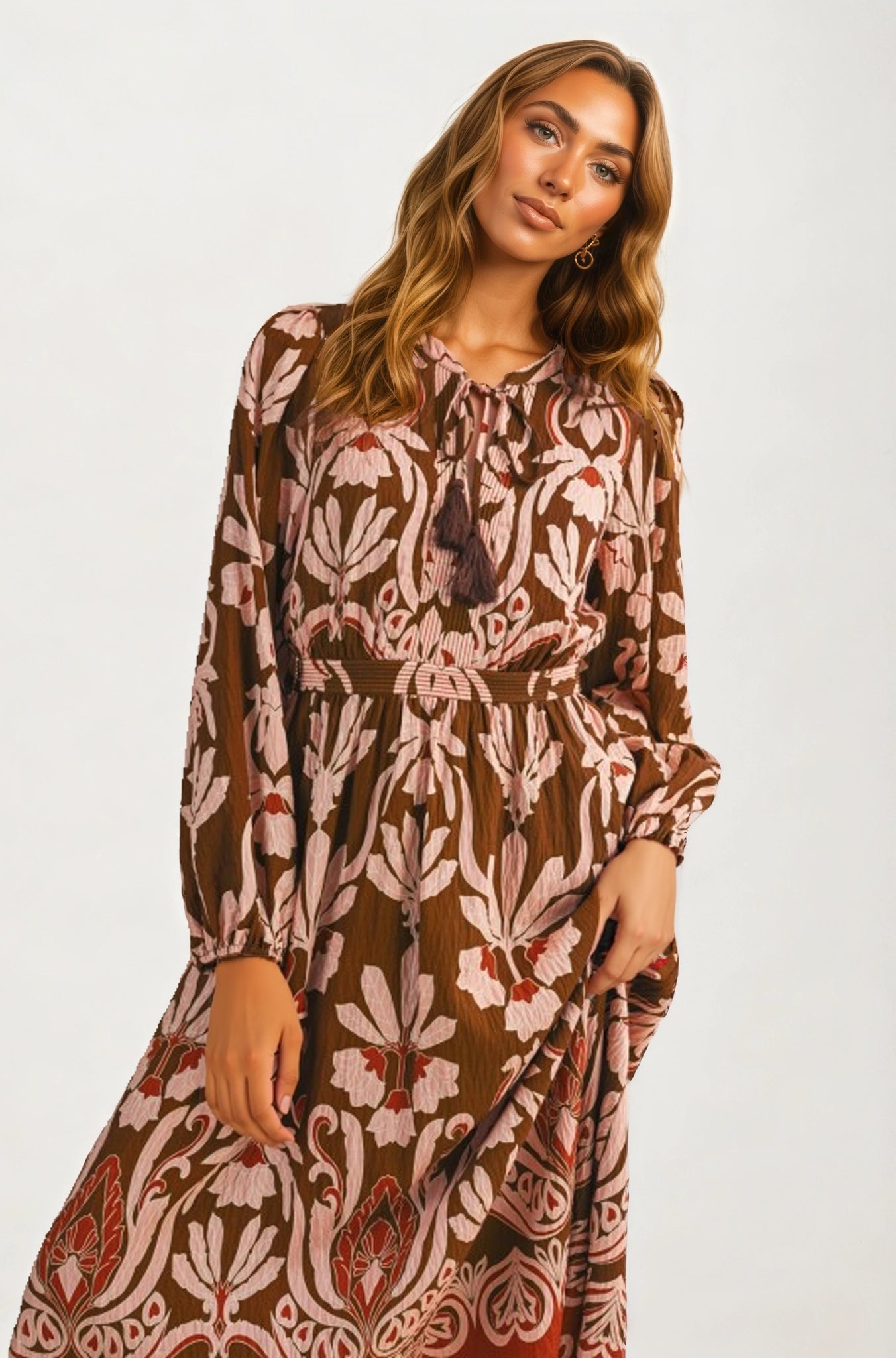 Long Sleeve Midi Dress with Tie Neck and Flowing Silhouette