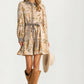 Long Sleeve Printed Shirt Dress with Belt and Button Front