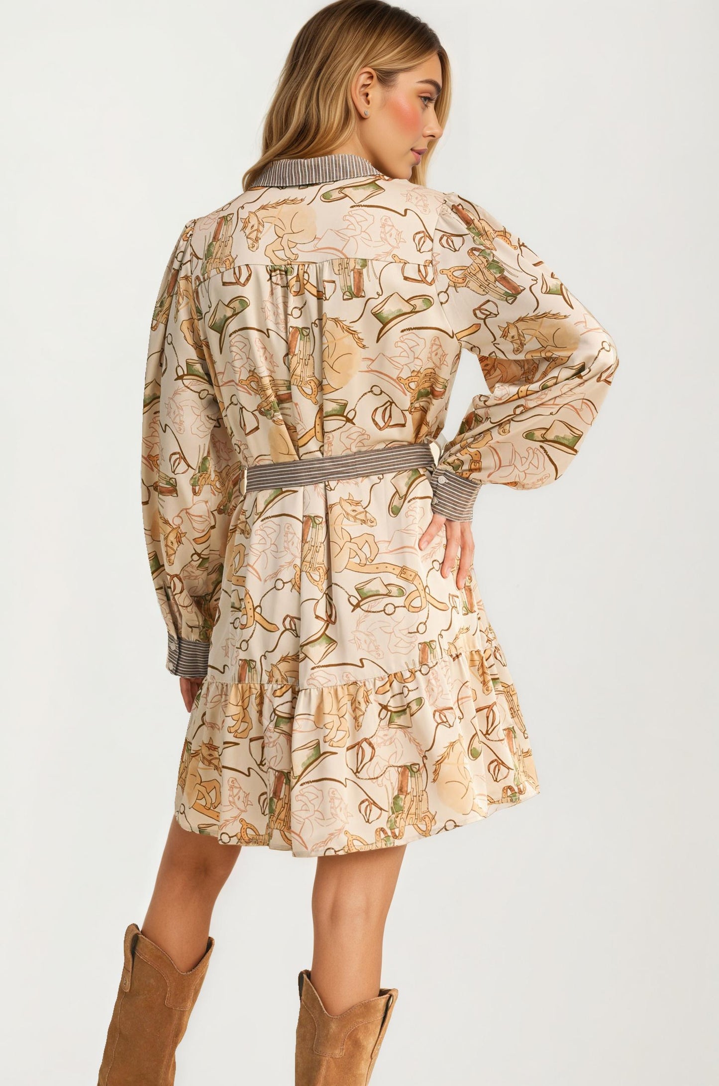 Long Sleeve Printed Shirt Dress with Belt and Button Front
