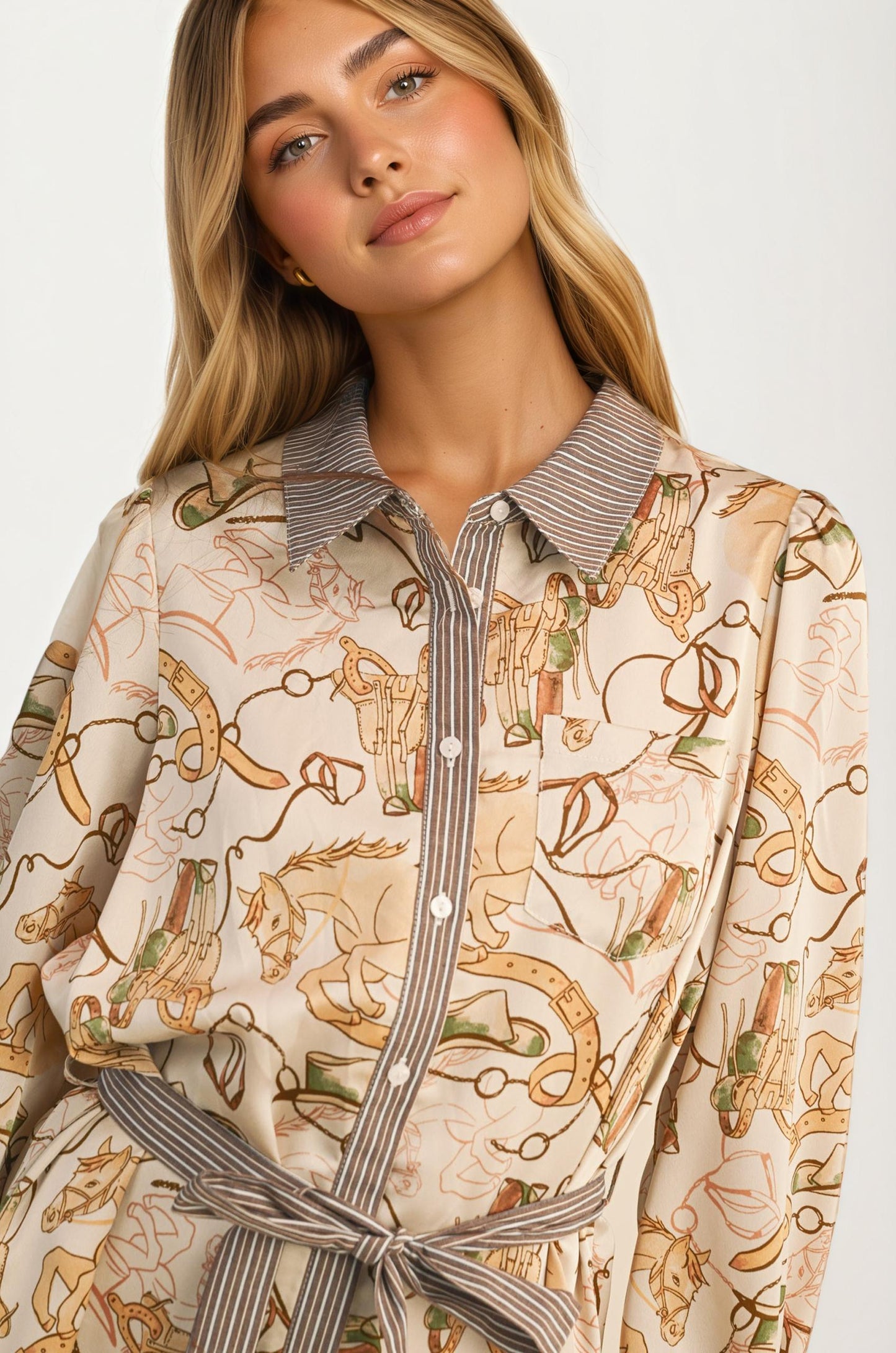 Long Sleeve Printed Shirt Dress with Belt and Button Front