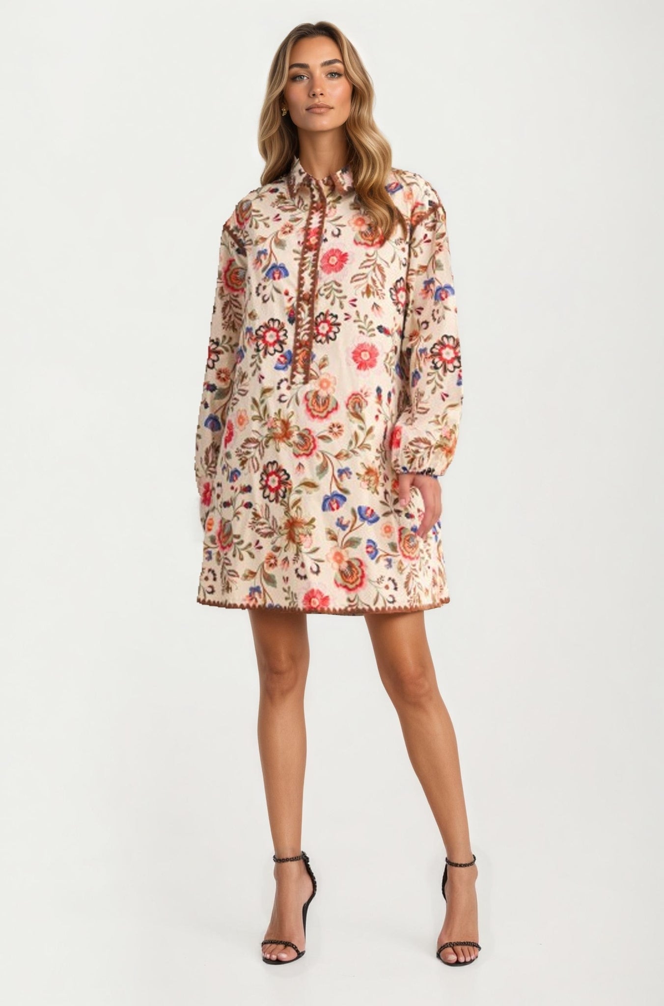 Floral Embroidered Long Sleeve Mini Dress With Trim