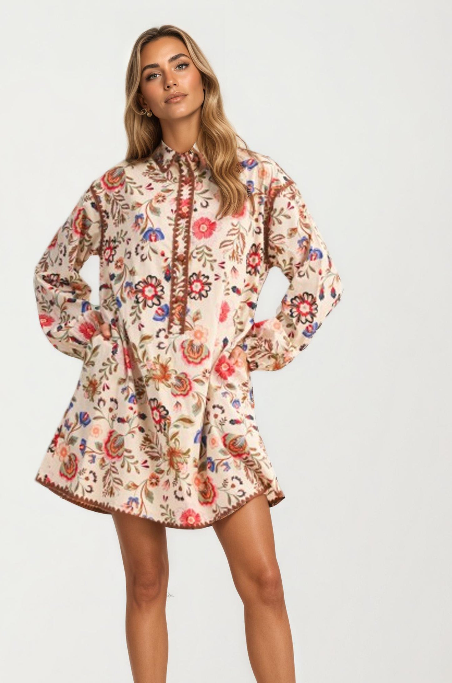 Floral Embroidered Long Sleeve Mini Dress With Trim
