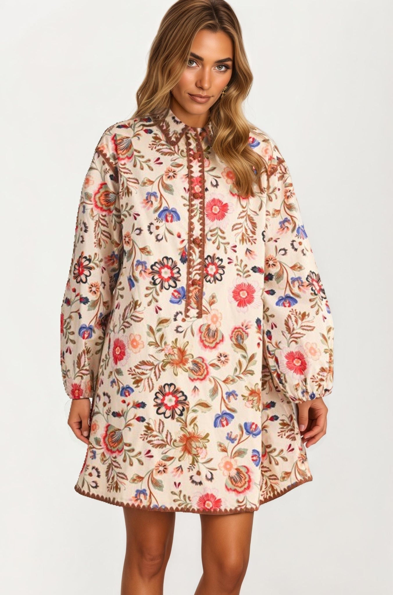 Floral Embroidered Long Sleeve Mini Dress With Trim