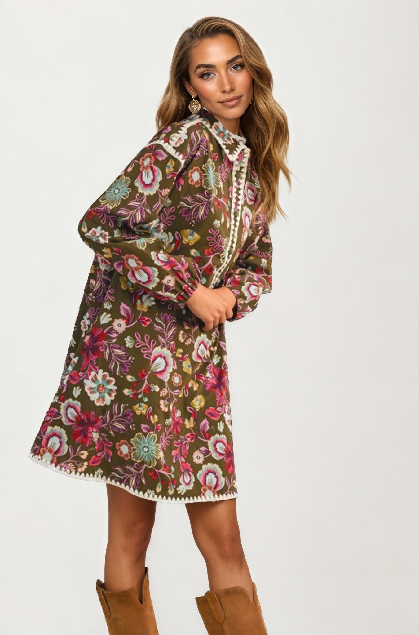 Floral Embroidered Long Sleeve Mini Dress With Trim
