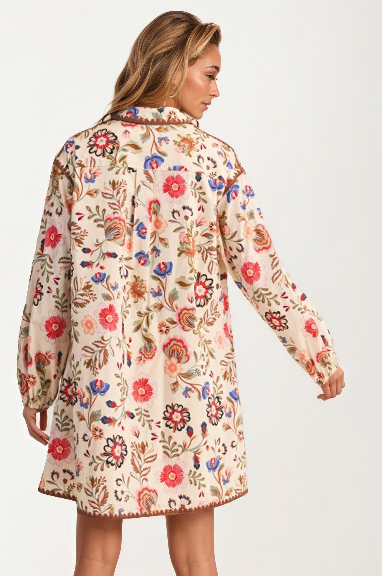 Floral Embroidered Long Sleeve Mini Dress With Trim