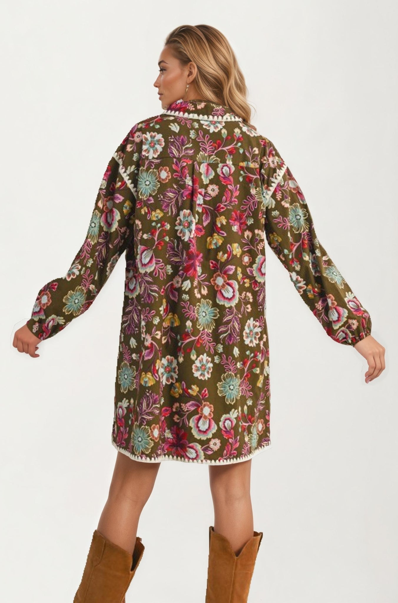 Floral Embroidered Long Sleeve Mini Dress With Trim