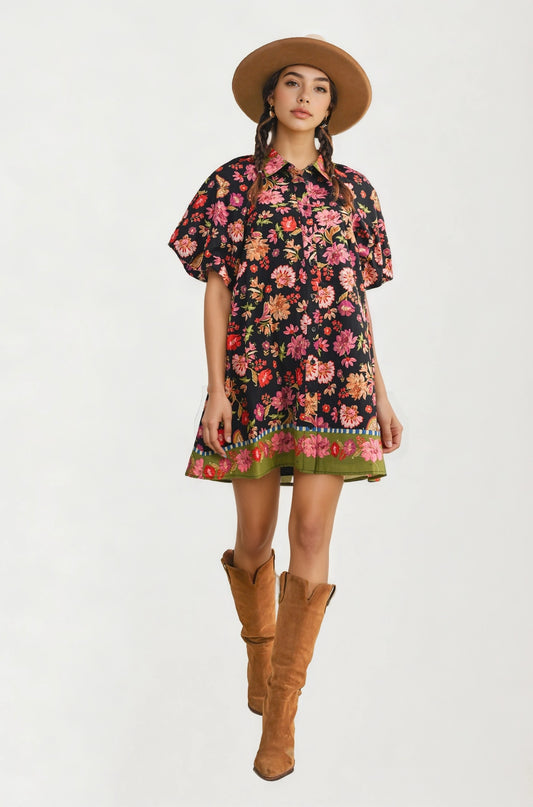 Button Front Shirt Dress with Bold Floral Print