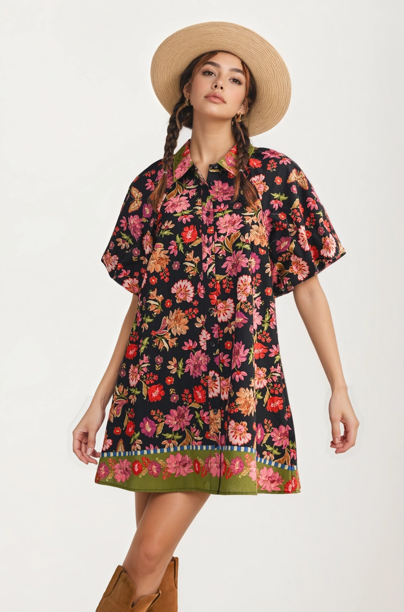 Button Front Shirt Dress with Bold Floral Print