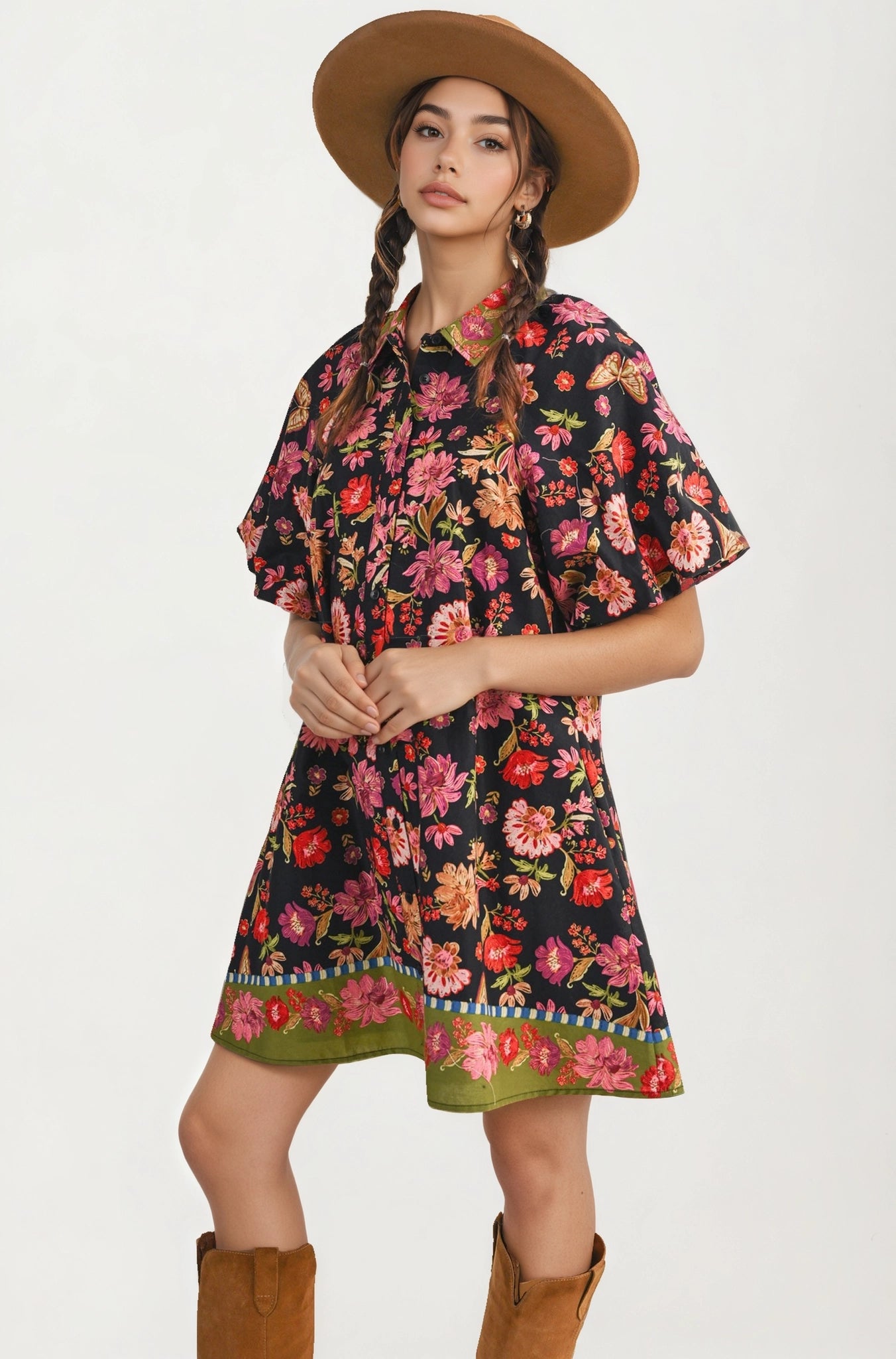 Button Front Shirt Dress with Bold Floral Print