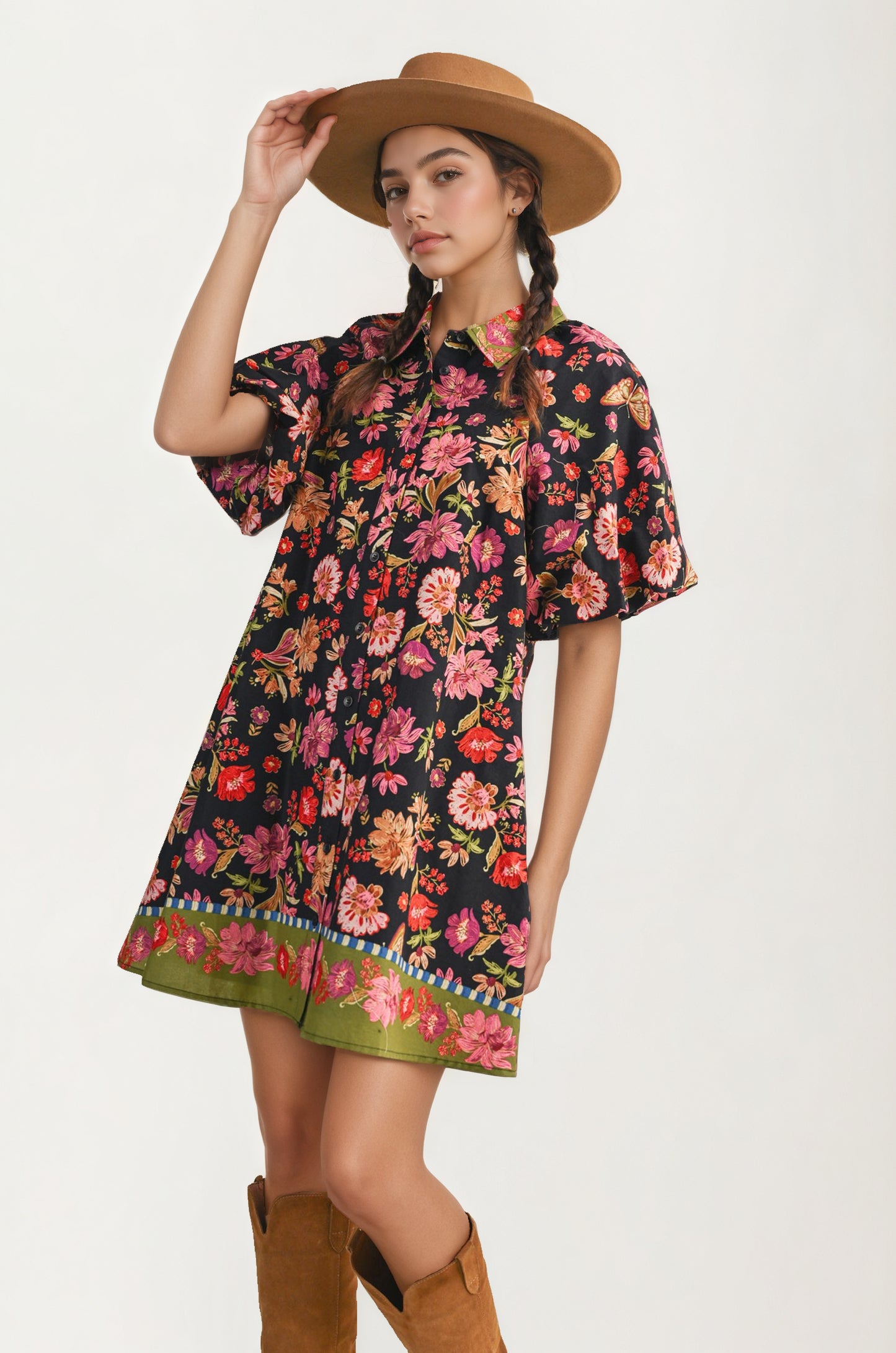 Button Front Shirt Dress with Bold Floral Print